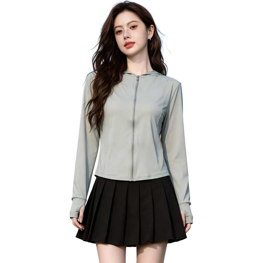 BALENO Outdoor Lightweight Ice Silk Cooling UV Protection Cardigan Hooded Long Sleeved Thin Coat Petite