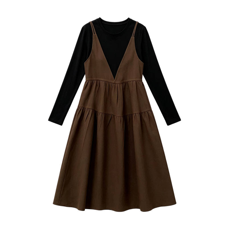 CPAURA Long Sleeved Dresses Women's Coffee Crew Neck Moderate Long Skirt A Line Skirt