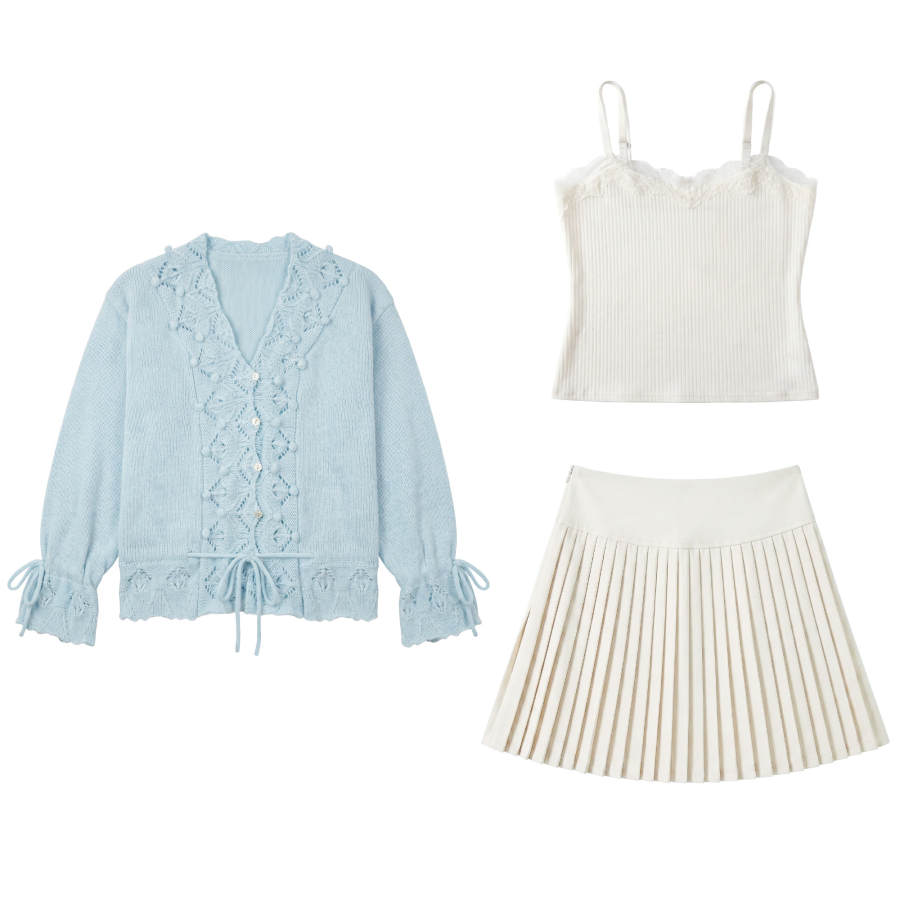 FABRIC PIG Two Piece Skirt Sets Women's Blue Sweater+Camisole+Short Skirt Camisole Thin Short Skirt