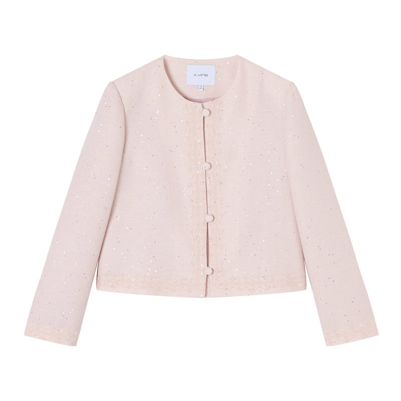 XIANGYING Cropped Coats Women's Light Pink Crew Neck Moderate