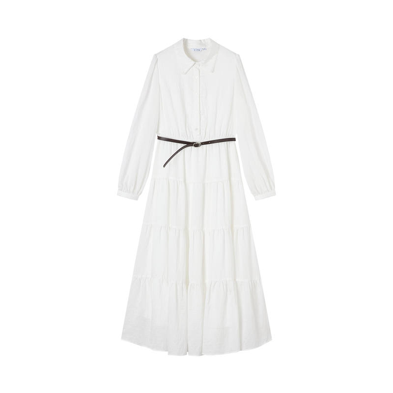 XIANGYING Long Sleeved Dresses Women's White Lapel Thin Midi Skirt