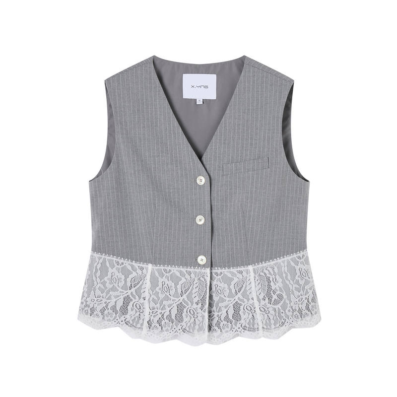 XIANGYING Vests Women's Light Gray V Neck Moderate