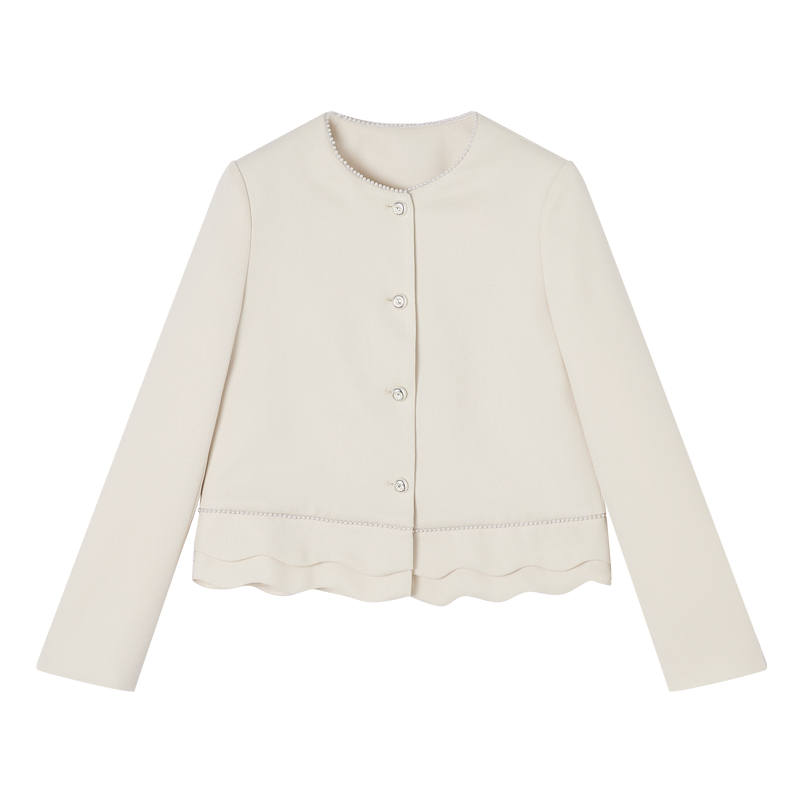 XIANGYING Cropped Coats Women's Ecru Crew Neck Moderate