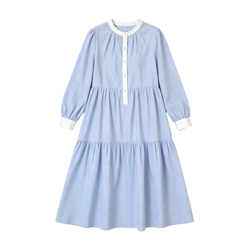 CPAURA Long Sleeved Dresses Women's Blue Crew Neck Moderate Midi Skirt A Line Skirt
