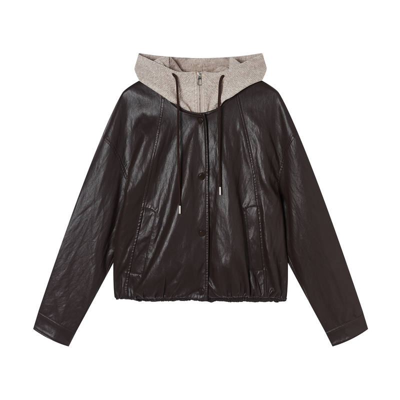 XIANGYING Leather Jackets Women's Coffee Hooded Non Detachable Moderate