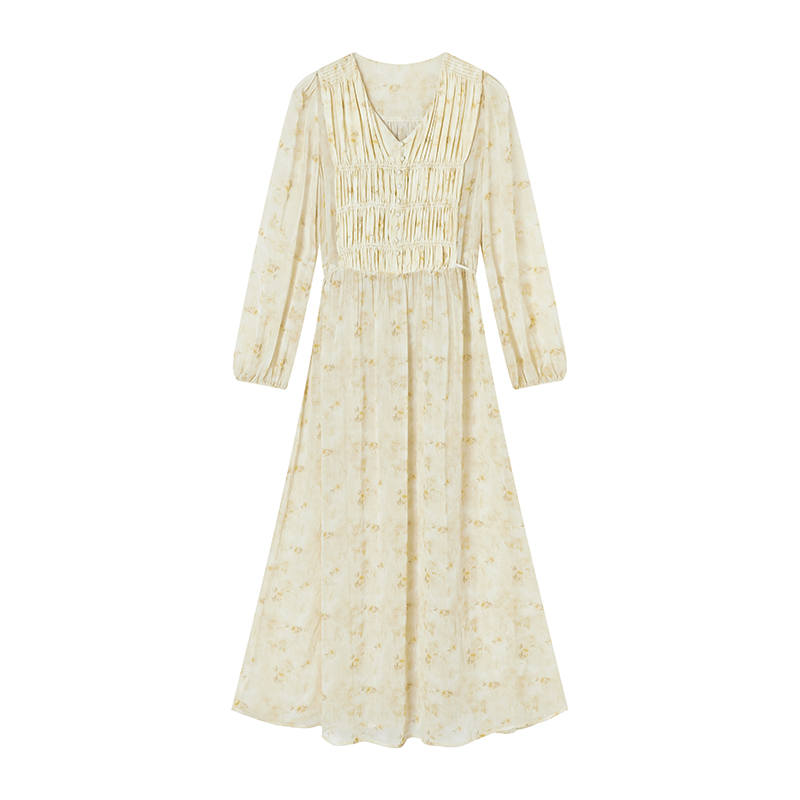 XIANGYING Long Sleeved Dresses Women's Yellow Floral V Neck Thin Midi Skirt