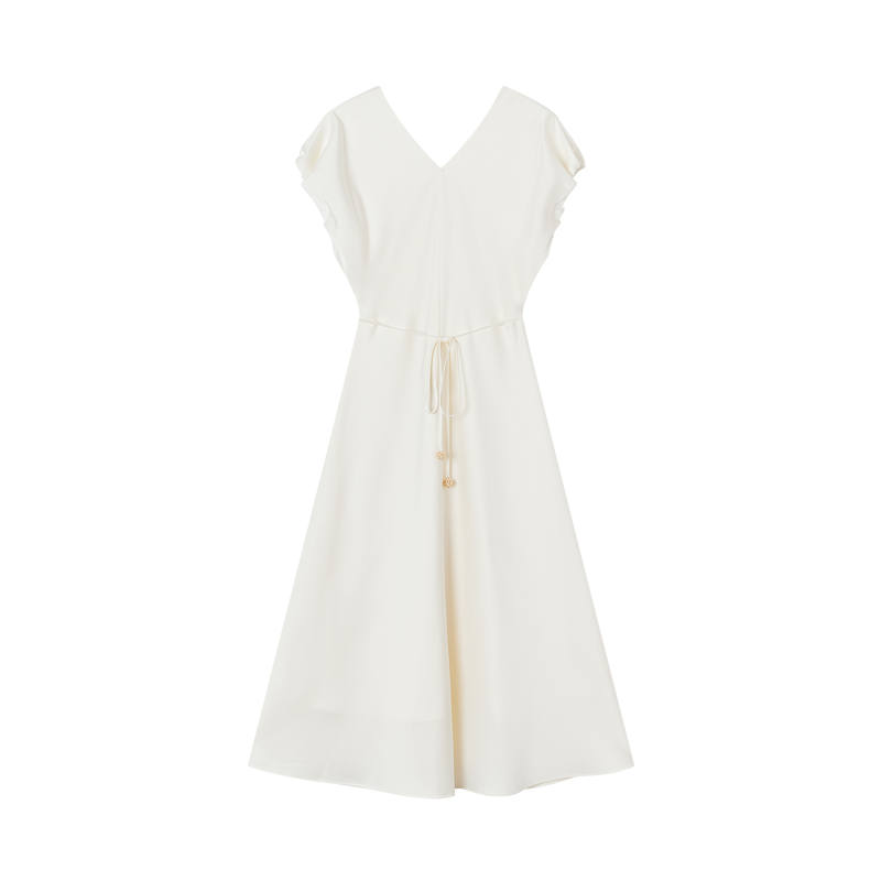 XIANGYING Short Sleeved Dresses Women's Ecru V Neck Moderate Long Skirt