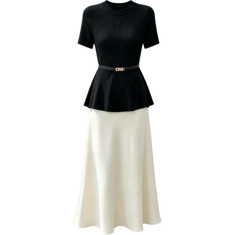 CHARM GLOW Two Piece Skirt Sets Women's Crew Neck Moderate Long Skirt