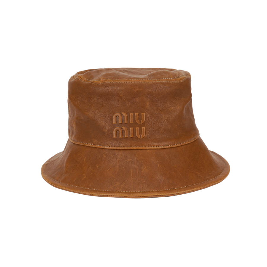 MIU MIU Cotton Leather Bucket Hats Women's Caramel