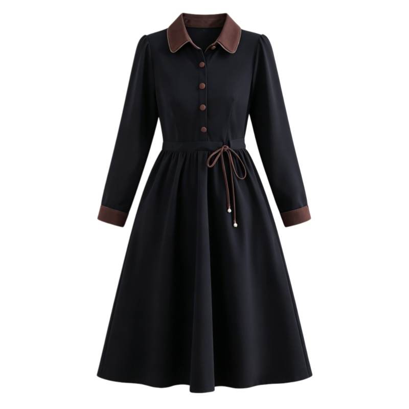 CPAURA Long Sleeved Dresses Women's Image Color Lapel Moderate Midi Skirt A Line Skirt