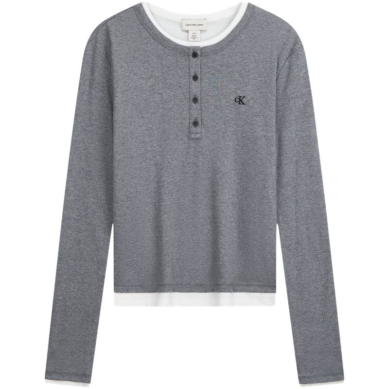 Calvin Klein T Shirts Women's P7E Hero Gray Henry Collar Moderate