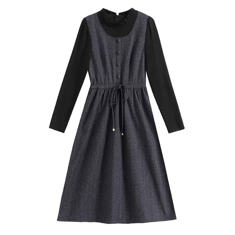 CPAURA Long Sleeved Dresses Women's Image Color Lettuce Edge Collar Moderate Midi Skirt A Line Skirt