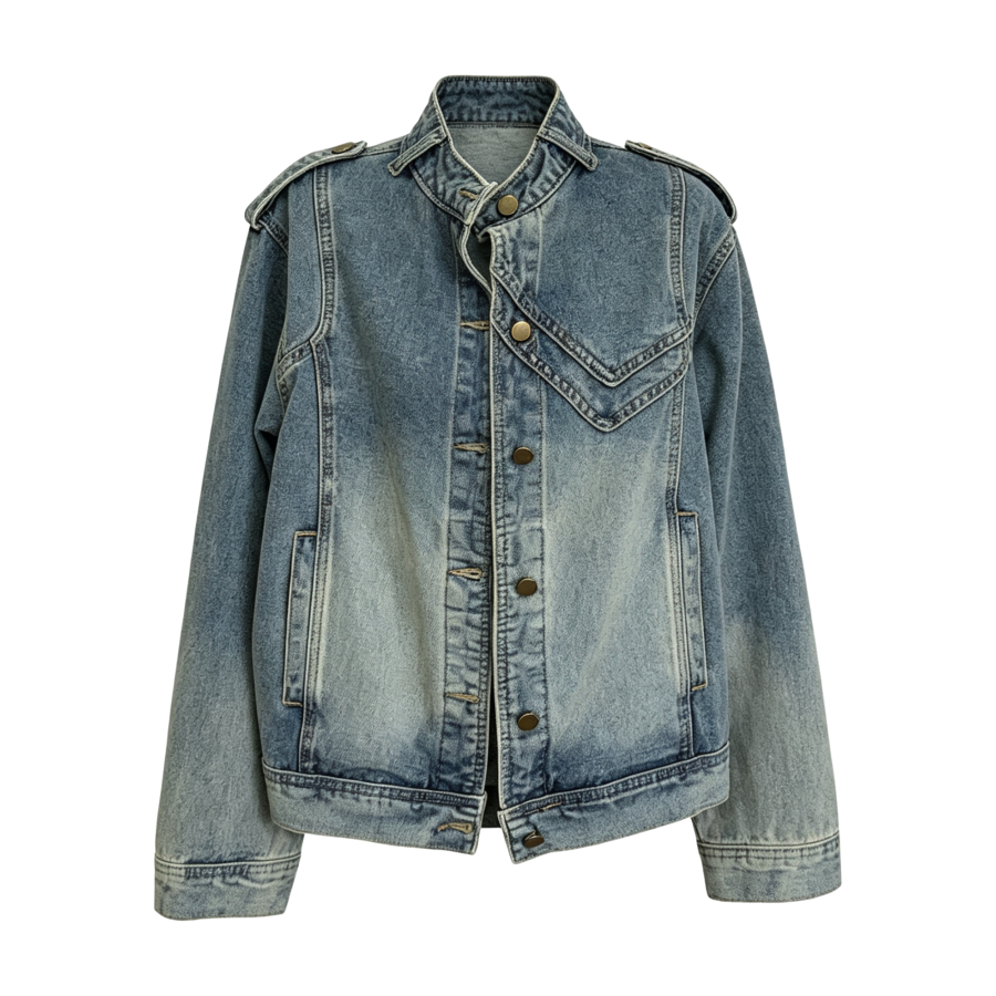 FINDSME GAGA Denim Jackets Women's Blue Stand Collar Moderate Straight Fit