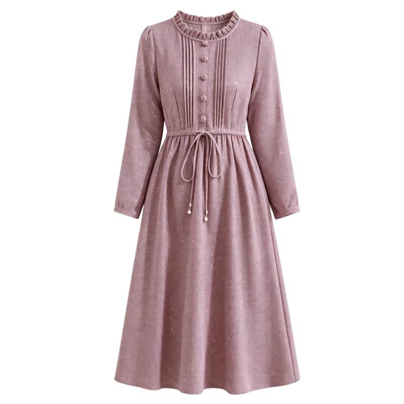 CPAURA Long Sleeved Dresses Women's Image Color Crew Neck Moderate Long Skirt A Line Skirt