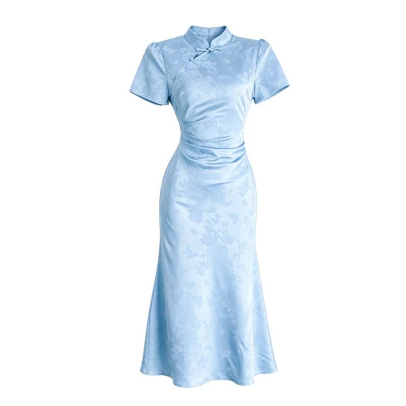 CPAURA Short Sleeved Dresses Women's Sky Blue Cheongsam Collar Moderate Long Skirt Fishtail Dress