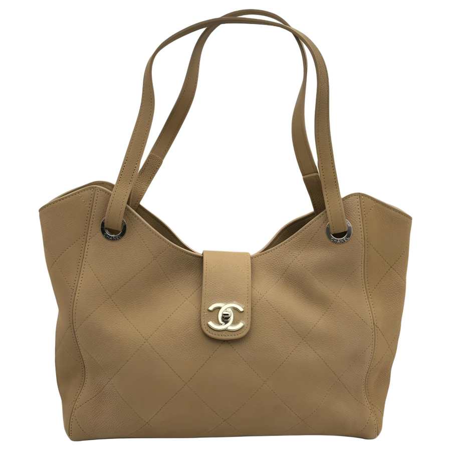 CHANEL Textured Cow Leather Tote Bag, Shoulder Bag Women's Beige