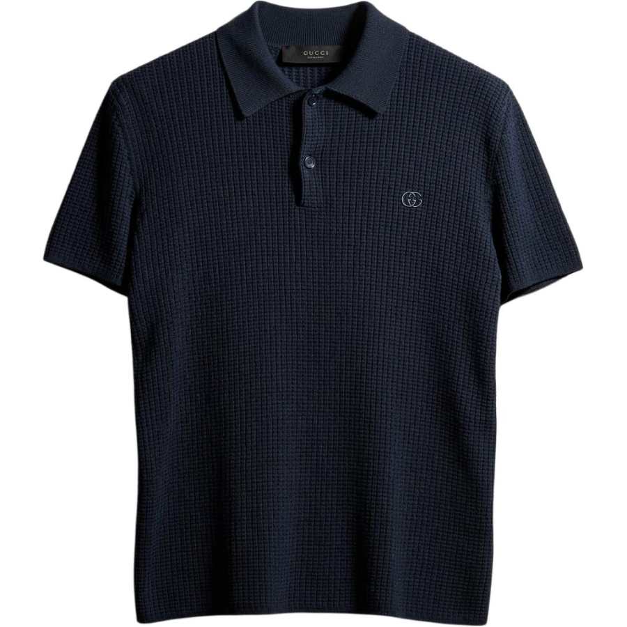 GUCCI Polo Shirts Men's Dark Blue Polo Collar Moderate Straight Fit