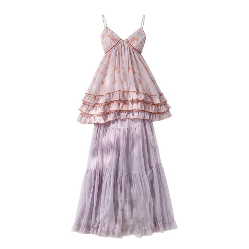 CPAURA Two Piece Skirt Sets Women's Camisole Moderate Long Skirt