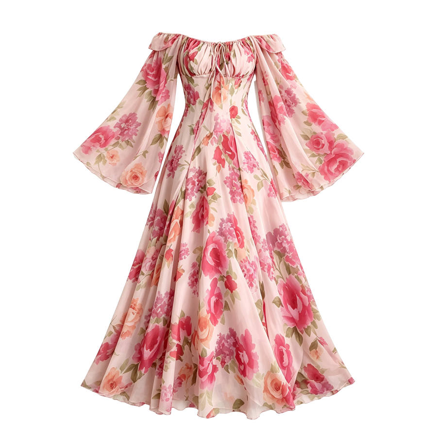 CPAURA Long Sleeved Dresses Women's Image Color Square Collar Moderate Long Skirt A Line Skirt