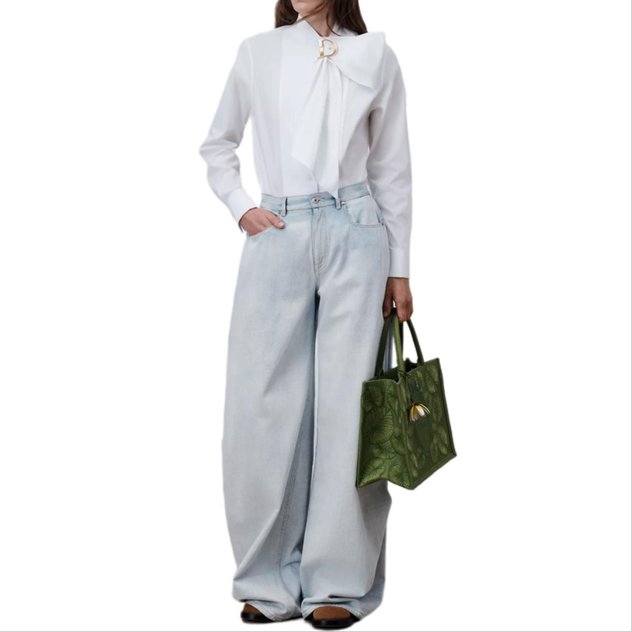 DIOR Shirts Women's White Scarf Collar Moderate Straight Fit