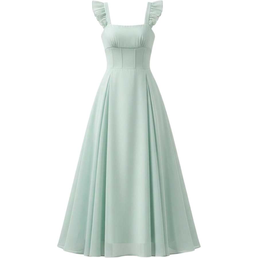 CHARM GLOW Sleeveless Dresses Women's Green Square Collar Moderate Long Skirt A Line Skirt