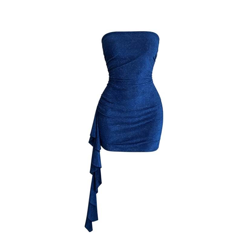 CPAURA Sleeveless Dresses Women's Blue Strapless Top Moderate Short Skirt Bodycon Skirt