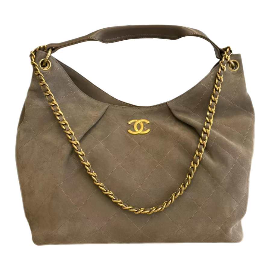 CHANEL Suede Effect With Calfskin And Lambskin Hobo Bag Handbag Extra Large Women's Gray Spells Dark Gray