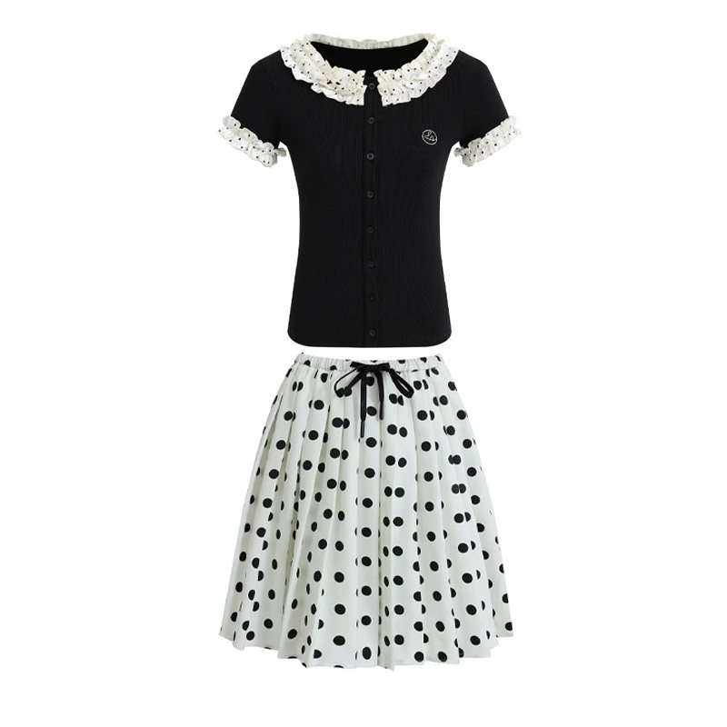 Sugarfunk Two Piece Skirt Sets Women's Lettuce Edge Collar Thin Short Skirt