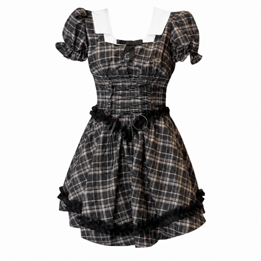 MostwantedLab Short Sleeved Dresses Women's Black Square Collar Thin Short Skirt Puffy Skirt
