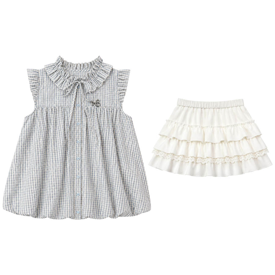 FABRIC PIG Two Piece Skirt Sets Women's Plaid Top+White Short Skirt Lettuce Edge Collar Thin Short Skirt