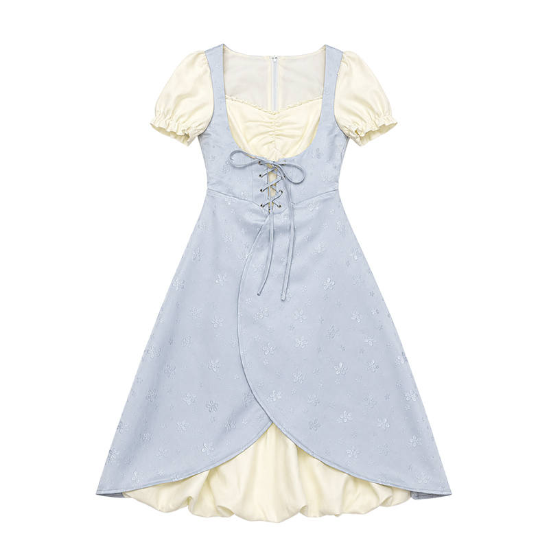 FABRIC PIG Short Sleeved Dresses Women's Light Blue Long Skirt Sweetheart Neckline Thin Midi Skirt A Line Skirt