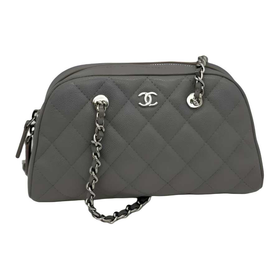 CHANEL Grain Embossed Shiny Calfskin & Silver Metal Crossbody Bags Women's Gray
