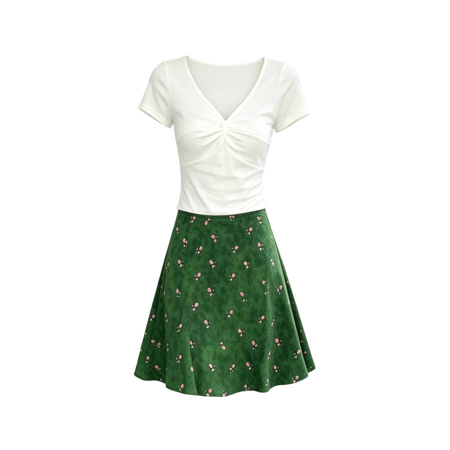 TUSHIFEI Two Piece Skirt Sets Women's V Neck Moderate Short Skirt