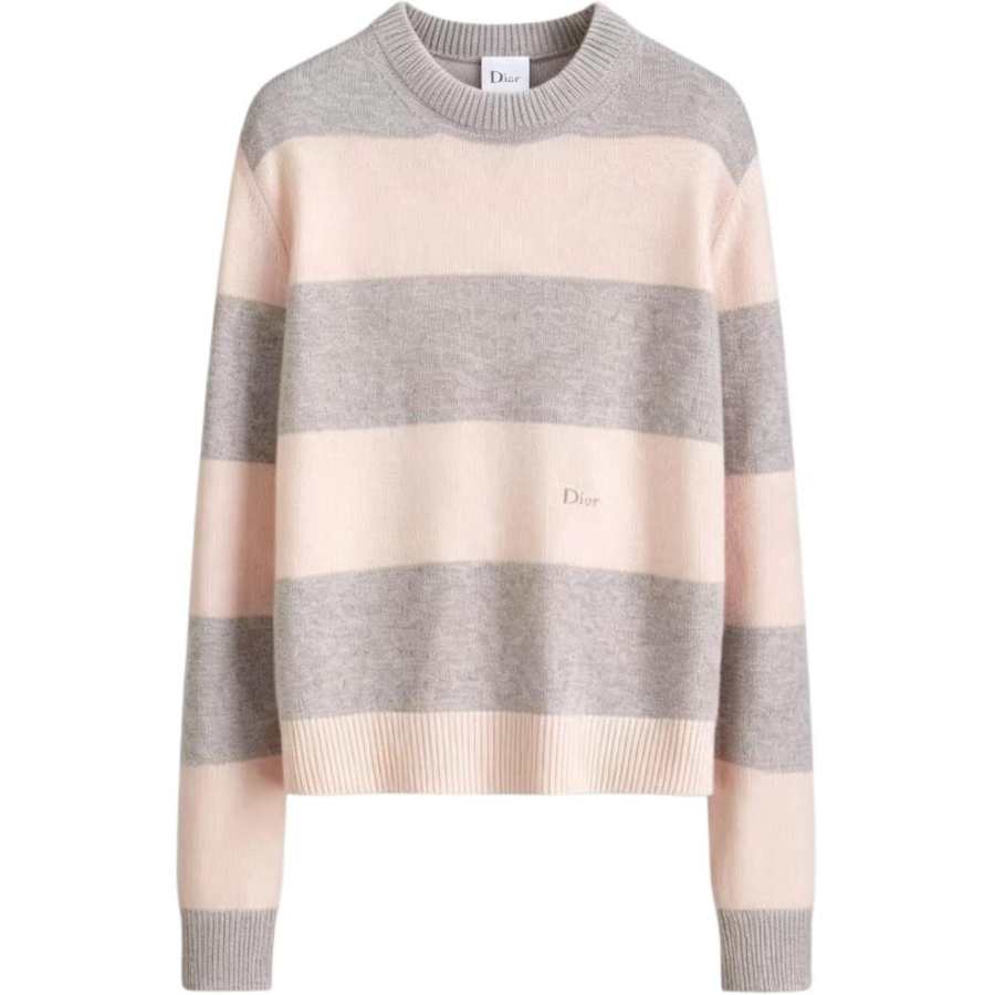 DIOR Cashmere Sweaters Women's Pink Gray Crew Neck Moderate Straight Fit