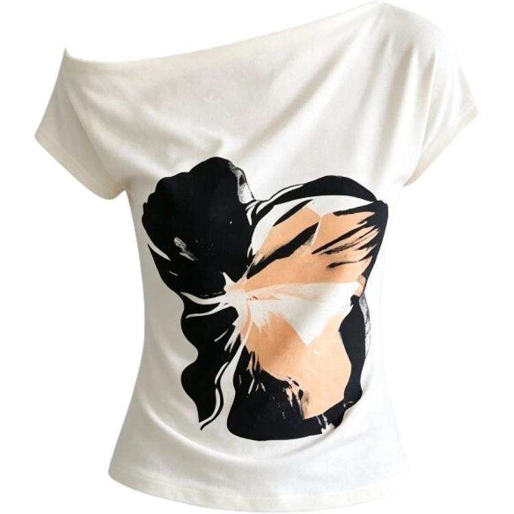 CHARM GLOW T Shirts Women's Ecru Asymmetrical Collar Thin A Line