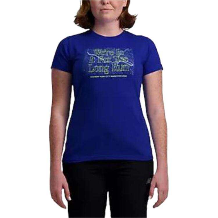New Balance New Balance Graphic T Shirts Women's Blue Crew Neck Moderate Straight Fit
