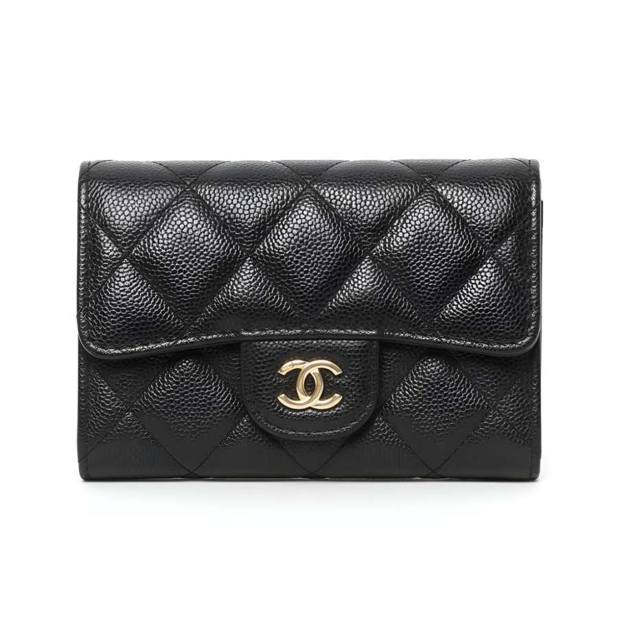 CHANEL Shiny Grain Calfskin & Gold Metal Card Holder Women's Black