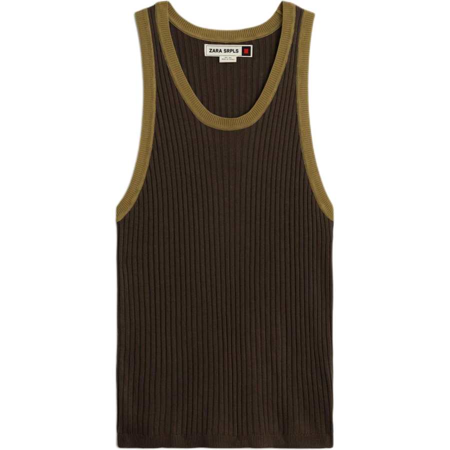 ZARA SRPLS Tank Tops Men's Brown Crew Neck Moderate Straight Fit