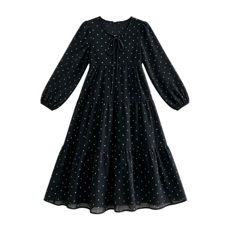 CPAURA Long Sleeved Dresses Women's Black Crew Neck Moderate Midi Skirt A Line Skirt