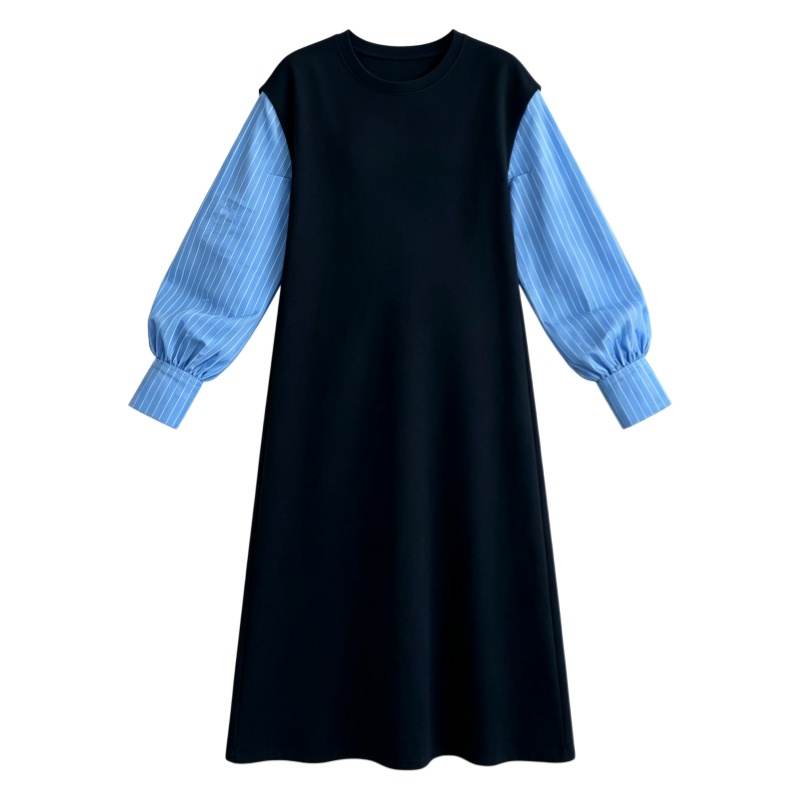 CPAURA Long Sleeved Dresses Women's Black Crew Neck Moderate Long Skirt Other