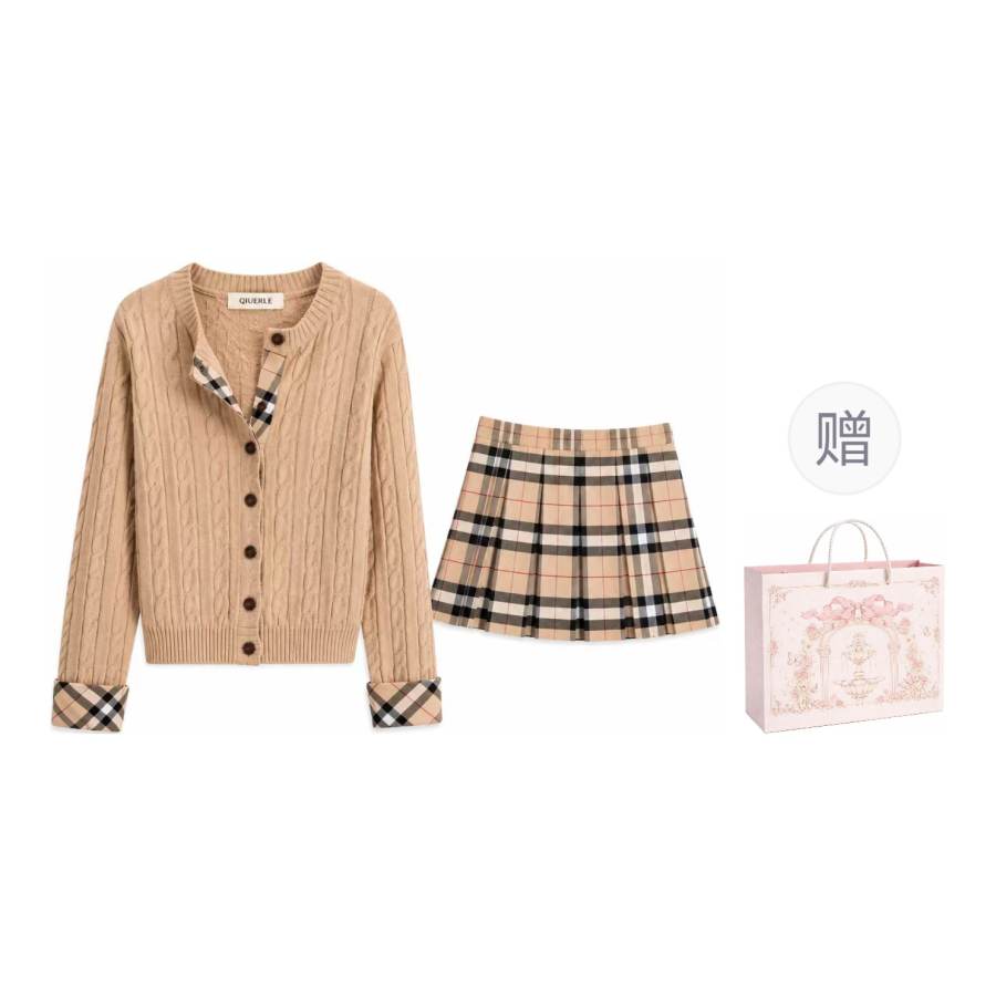 Qiuerle Two Piece Skirt Sets Women's Crew Neck Moderate Short Skirt