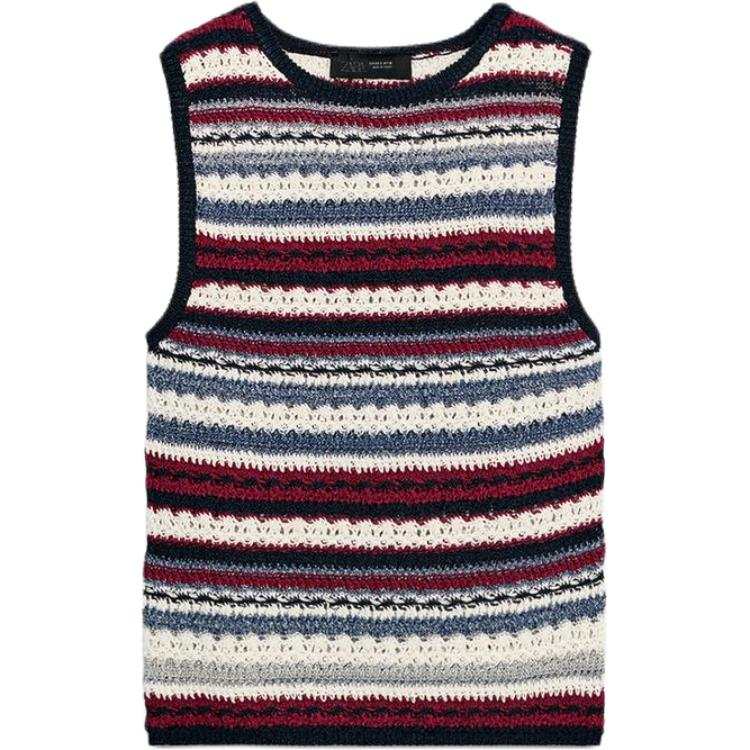 ZARA Tank Tops Women's Deep Red/Light Beige Yellow Crew Neck Straight Fit