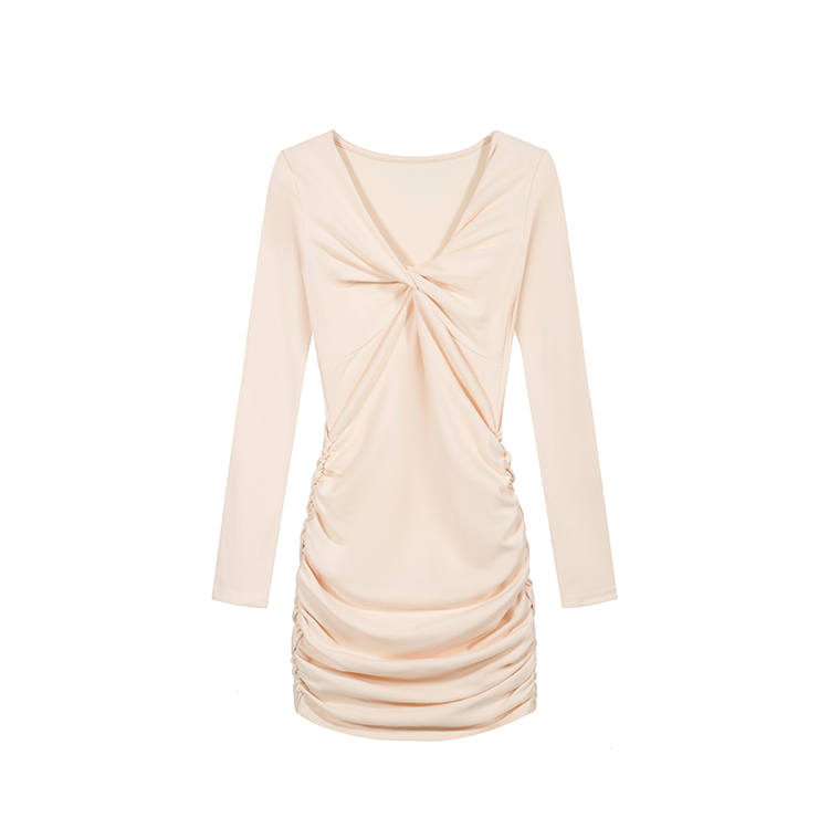 TUSHIFEI Long Sleeved Dresses Women's V Neck Moderate Short Skirt Bodycon Skirt
