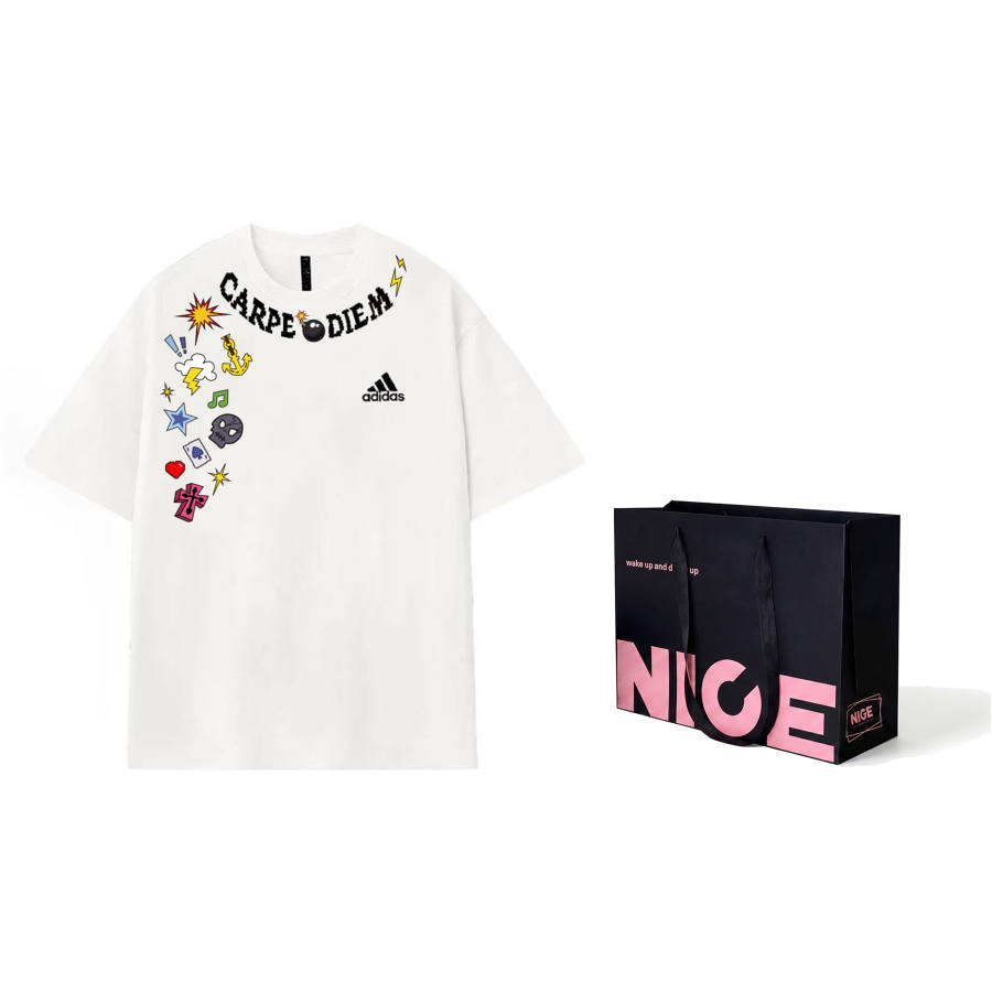 Adidas Adidas MUST HAVES T Shirts Unisex Ecru Black Pink Shopping Bag Crew Neck Thin Straight Fit