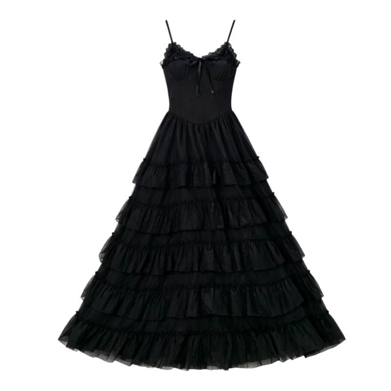CPAURA Slip Dresses Women's Black Moderate Long Skirt Tiered Skirt