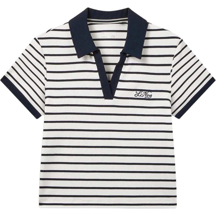 Li-Ning Li Ning Sports Trendy Collection Polo Shirts Women's White Blue Stripes Lapel Moderate Straight Fit
