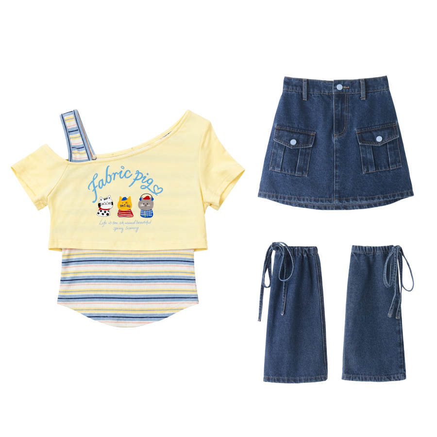 FABRIC PIG Two Piece Skirt Sets Women's Yellow Top+Skirt Asymmetrical Collar Moderate Short Skirt