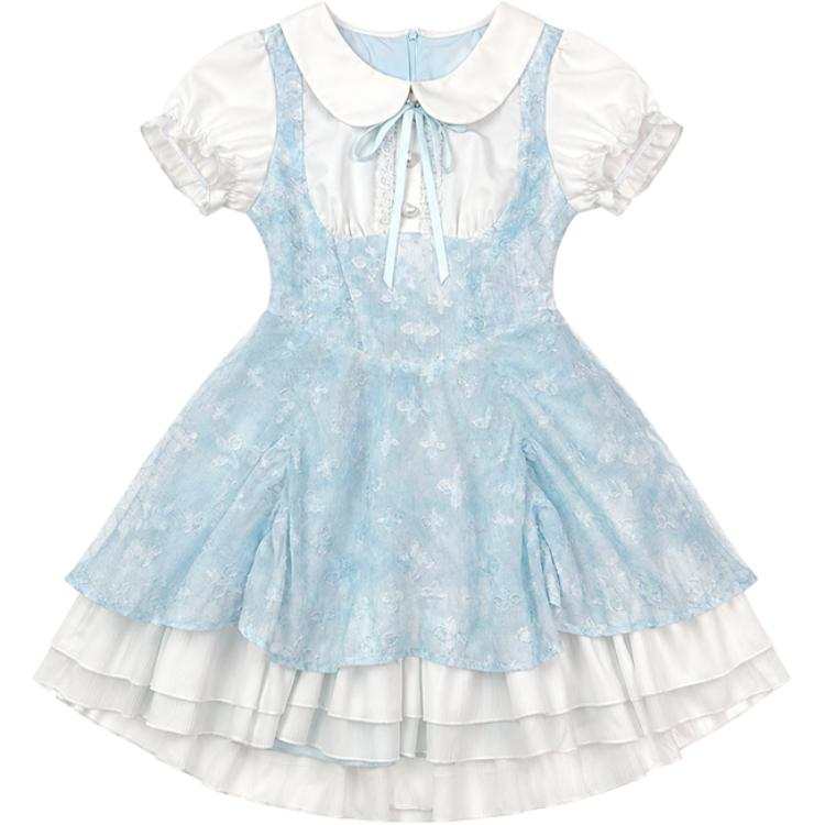 FABRIC PIG Short Sleeved Dresses Women's Blue Short Sleeved Dress Peter Pan Collar Moderate Short Skirt A Line Skirt