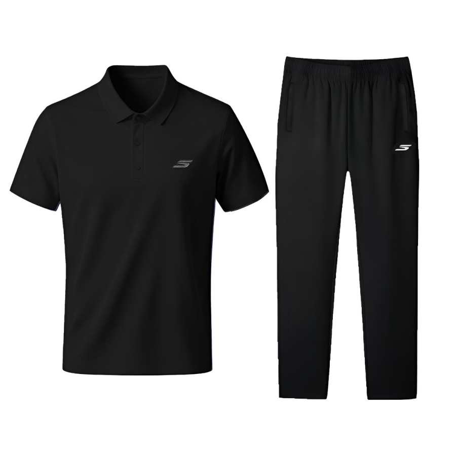 Skechers Casual Sportswear Men's Carbon Black Top+Carbon Black Bottom Polo Collar Thin