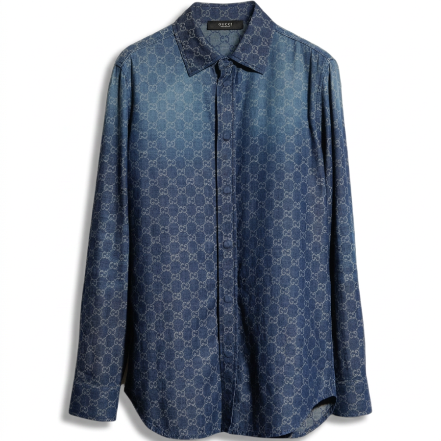 GUCCI Shirts Men's Blue Lapel Moderate Straight Fit